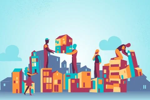 Building under construction with workers in sIlhouette and skyline Stock Illustration