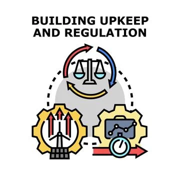Building upkeep and regulation concept icon illustrating workflow 库存插图