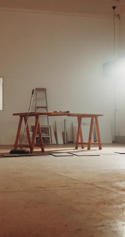 Building, vacant or remodeling with table, construction site or development in Stock Footage 342317541