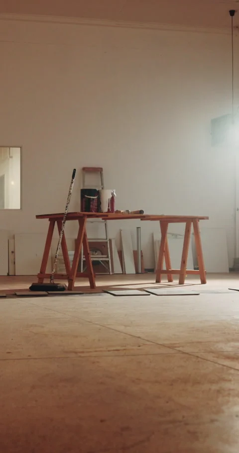 Building, vacant or renovation with table, construction site or development in Stock Footage 342317764