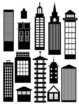Building vector set illustrations of a black silhouette of city structures Ilustración de archivo