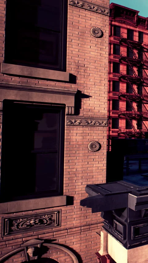 Building wall with windows and brick design in a city scene Stock Footage 337969483