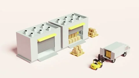 Building warehouse with forklift for import export, goods cardboard box, pall Stock Footage 218371656