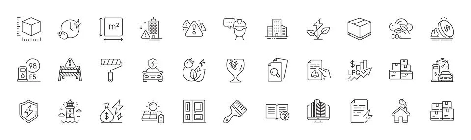 Building warning, Package size and Wholesale inventory line icons. For web app Ilustración de archivo