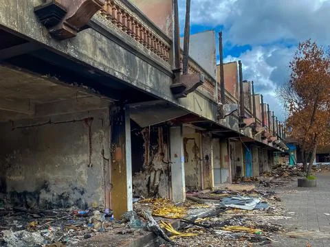 The building was destroyed by fire. Shophouses burnt to ashes Stock Photos
