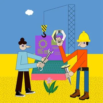 Building website concept two engineers constuct future web site Ilustración de archivo