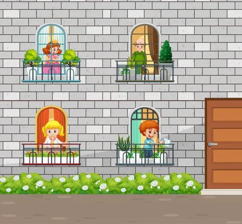 Building window facade with people Ilustración de archivo