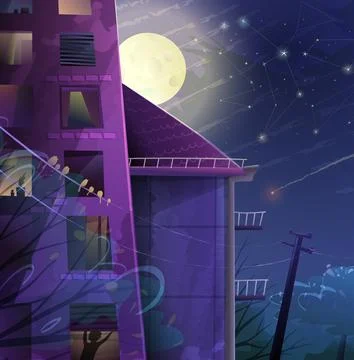 Building Windows at Full Moon Night Background Ilustración de archivo