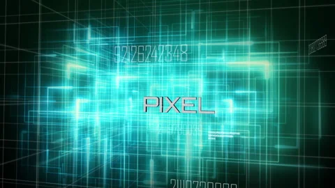Building wireframe cube from teal grid in matrix, revealing PIXEL logo and Stock Footage 311475220