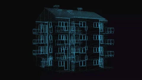 Building wireframe scheme. 3d render with blue grid lines. Loop rotation  Stock Footage 172065366