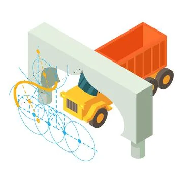 Building work icon isometric vector. Arch project and yellow dump truck icon 스톡 일러스트