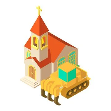 Building work icon isometric vector. Industrial bulldozer near catholic church 스톡 일러스트