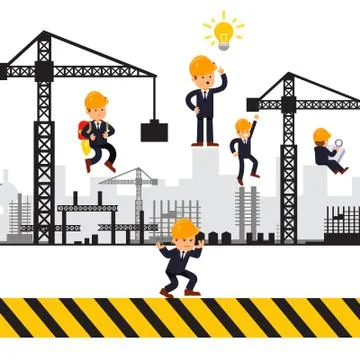 Building work process with houses and construction machines. Stock Illustration