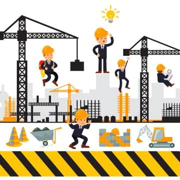 Building work process with houses and construction machines. Stock Illustration