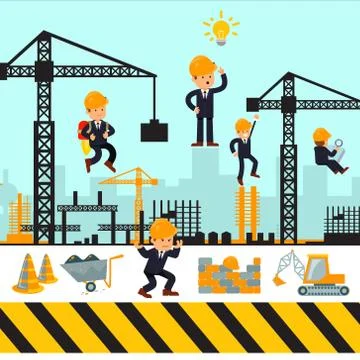 Building work process with houses and construction machines. Stock Illustration
