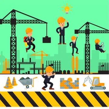 Building work process with houses and construction machines. Stock Illustration