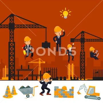 Building work process with houses and construction machines ...