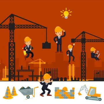 Building work process with houses and construction machines. Stock Illustration