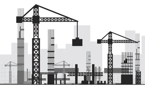 Building work process with houses and construction machines. Stock Illustration