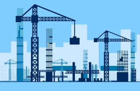 Building work process with houses and construction machines. Stock Illustration