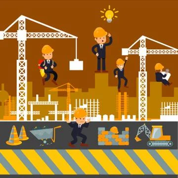 Building work process with houses and construction machines. Stock Illustration