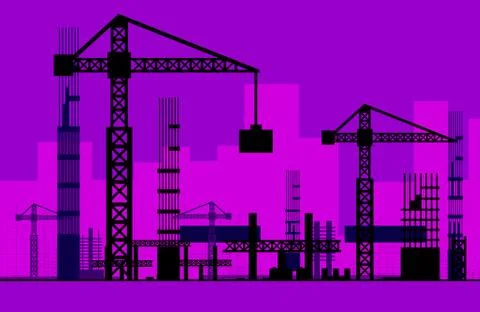 Building work process with houses and construction machines. Stock Illustration