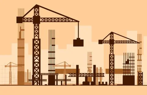 Building work process with houses and construction machines. Stock Illustration