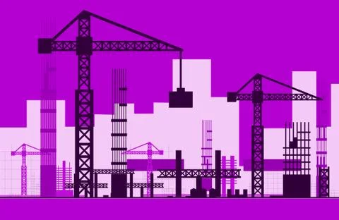 Building work process with houses and construction machines. Stock Illustration