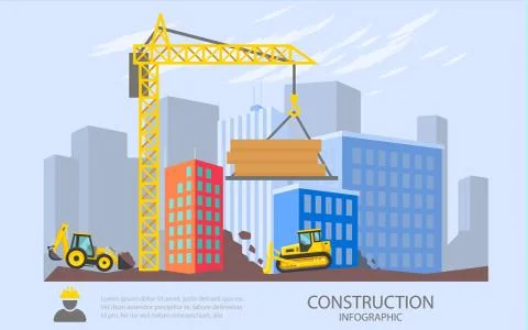 Building work process with houses and construction machines. Stock Illustration