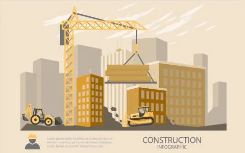 Building work process with houses and construction machines. Stock Illustration