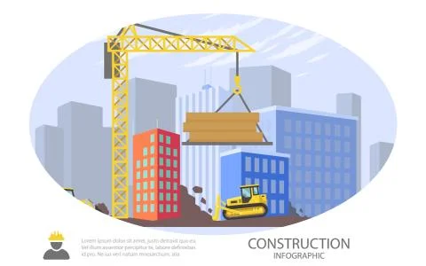Building work process with houses and construction machines. Stock Illustration