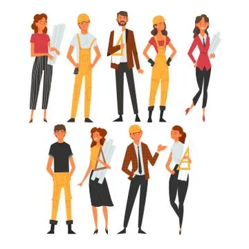 Building Workers and Architects Characters Set, Male and Female Professional Ilustración de archivo