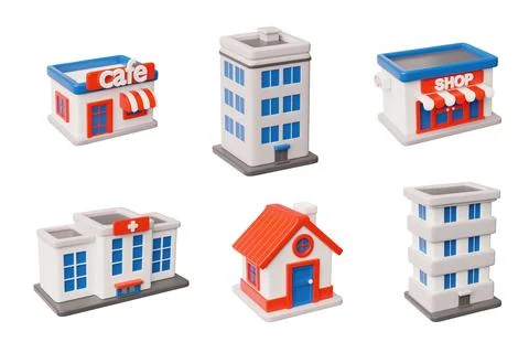 Buildings 3D vector icons set, cartoon isometric house, hotel or office Ilustración de archivo
