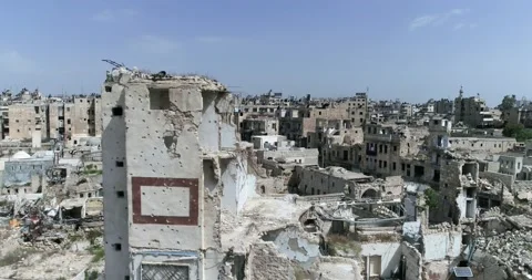 Buildings of Aleppo in Syria 10 years after the civil war. We can see ruins of b Stock Footage