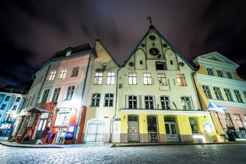 Buildings along Kuninga at night, in the Old Town, Tallinn, Estonia. Stock Photos
