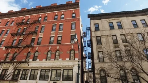 Buildings and bare trees along the street Stock Footage 71556232