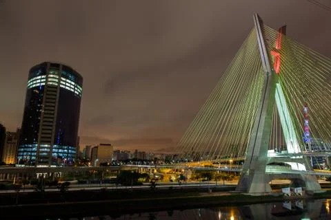 Buildings and cable stayed bridge in Sao Paulo - Brazil - at night Stock Photos