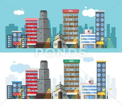 Buildings and city transport flat style illustration Stock Illustration