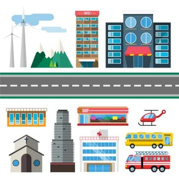 Buildings and city transport flat style illustration Illustrazione stock