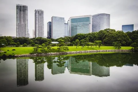 Buildings And Park In Tokyo (Hamarikyu Gardens) Stock Photos