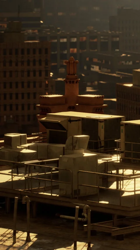 Buildings and rooftop structures during sunset in an urban setting Stock Footage 338419451
