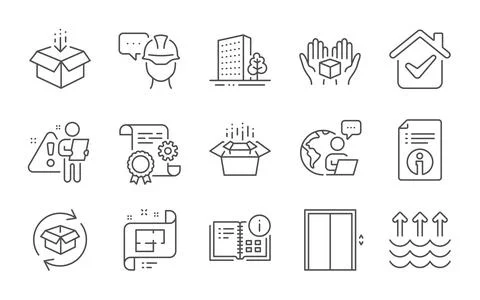 Buildings, Architectural plan and Get box icons set. Lift, Construction document Stock Illustration