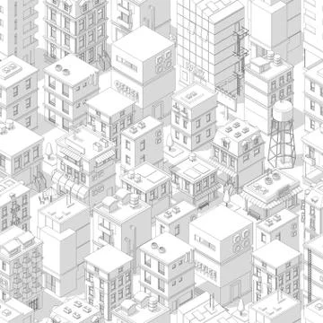 Buildings city seamless pattern. Isometric top view. Vector town city street Stock Illustration