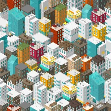 Buildings city seamless pattern. Isometric top view. Vector town city street Stock Illustration
