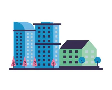 Buildings constructions with trees city scene Ilustración de archivo