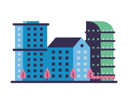 Buildings constructions with trees city scene Ilustración de archivo