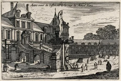 The buildings of the Cour de Cheval Blanc [at Fontainebleau]. Etching. Stock Illustration