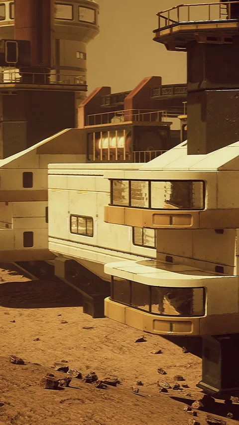 Buildings on a distant planet under a brown sky with structures in view Stock Footage 332222599