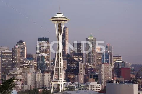 Buildings downtown seattle washington space needle sunset Stock Photos