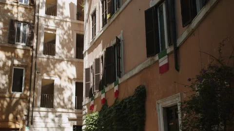 Buildings with flags on the windows during the lockdown Stock Footage 133464853